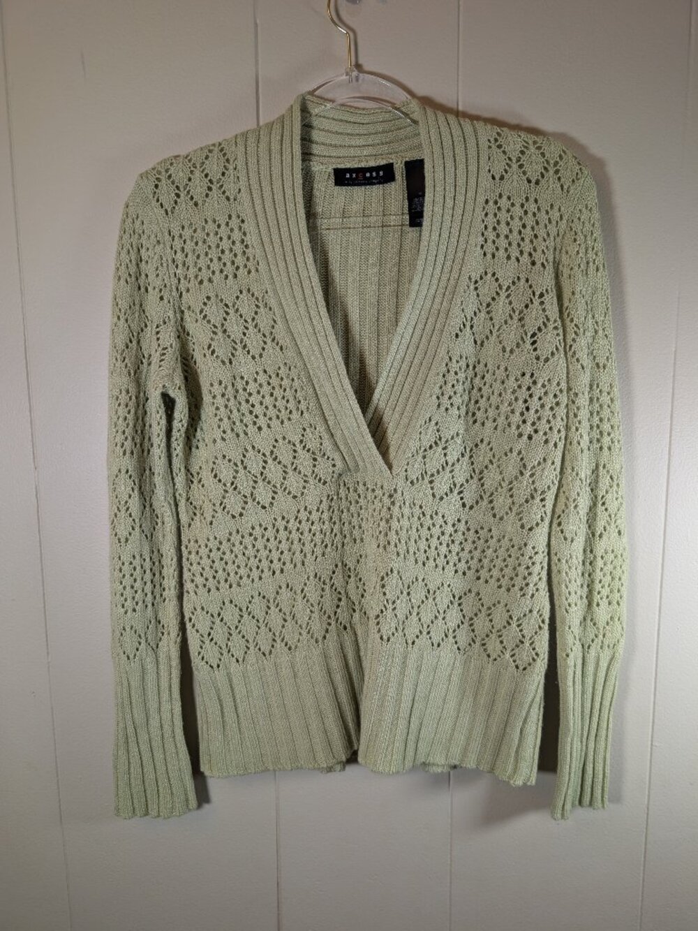 Y2K Axcess Liz Claiborne Pointelle Sweater M Sage Green Wool Blend V Neck